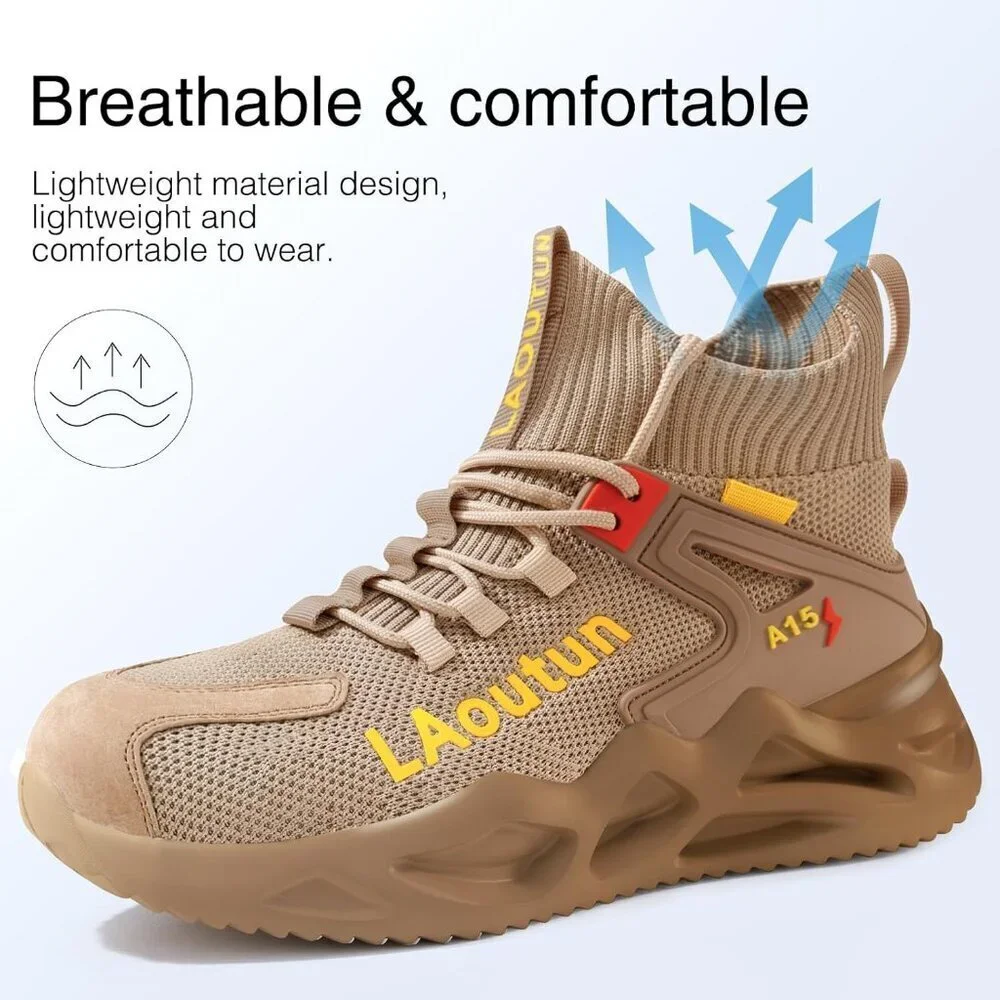 Men's Brown Lightweight Comfortable Safety Shoes, Puncture Resistant Work Shoes